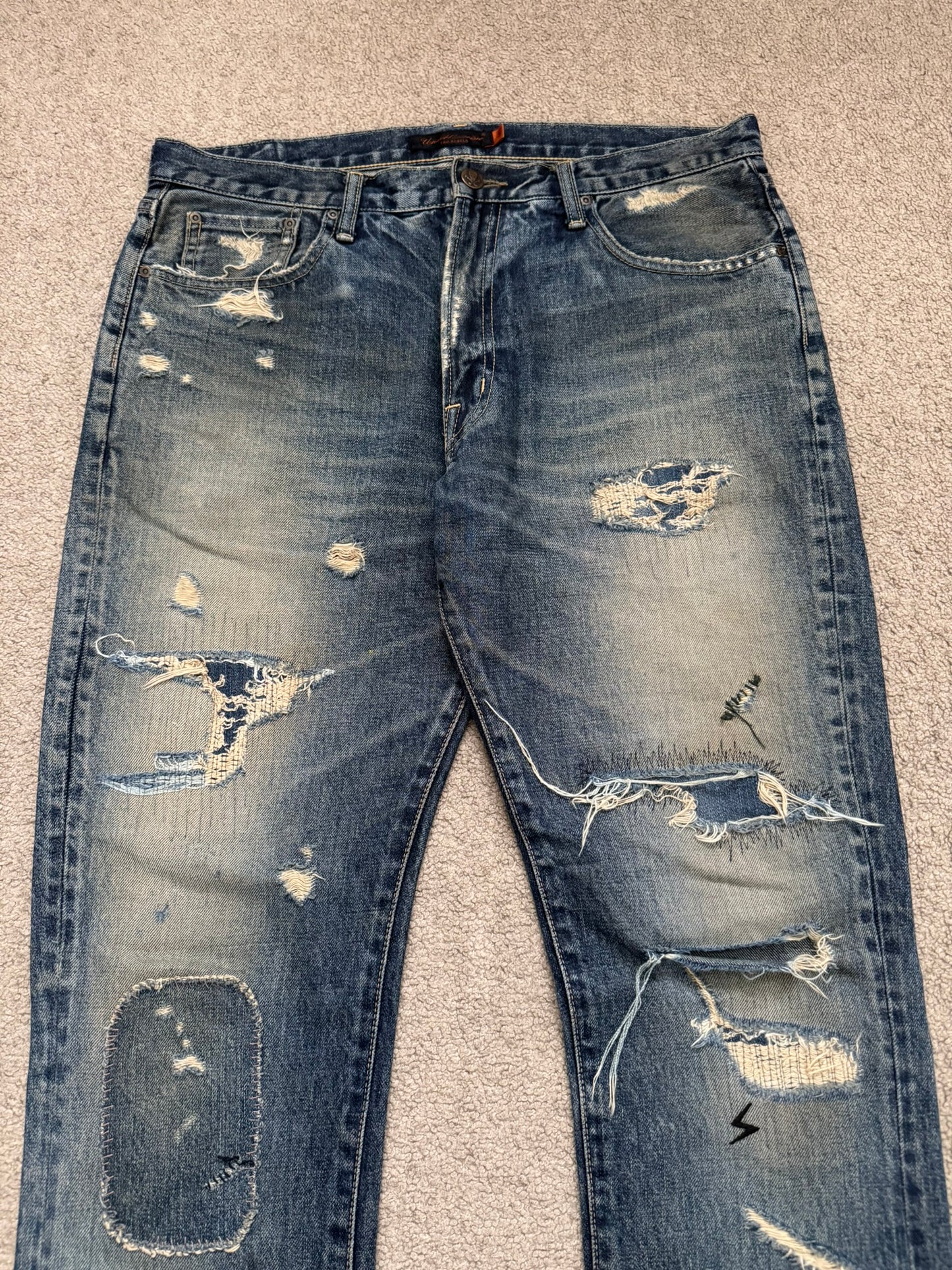 SS05 Undercover "But Beautiful" 60 Distressed Patch Denim Jeans