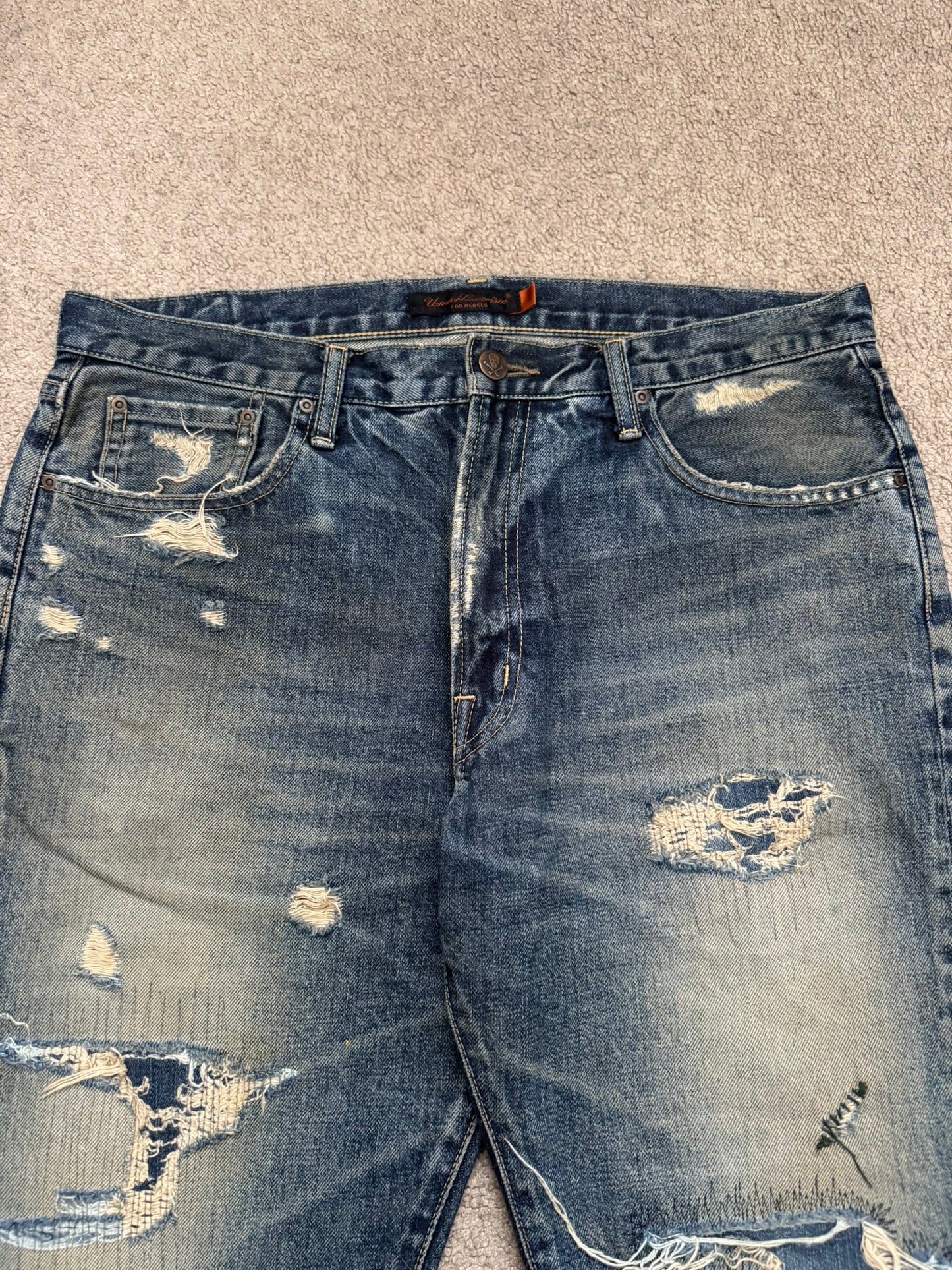 SS05 Undercover "But Beautiful" 60 Distressed Patch Denim Jeans
