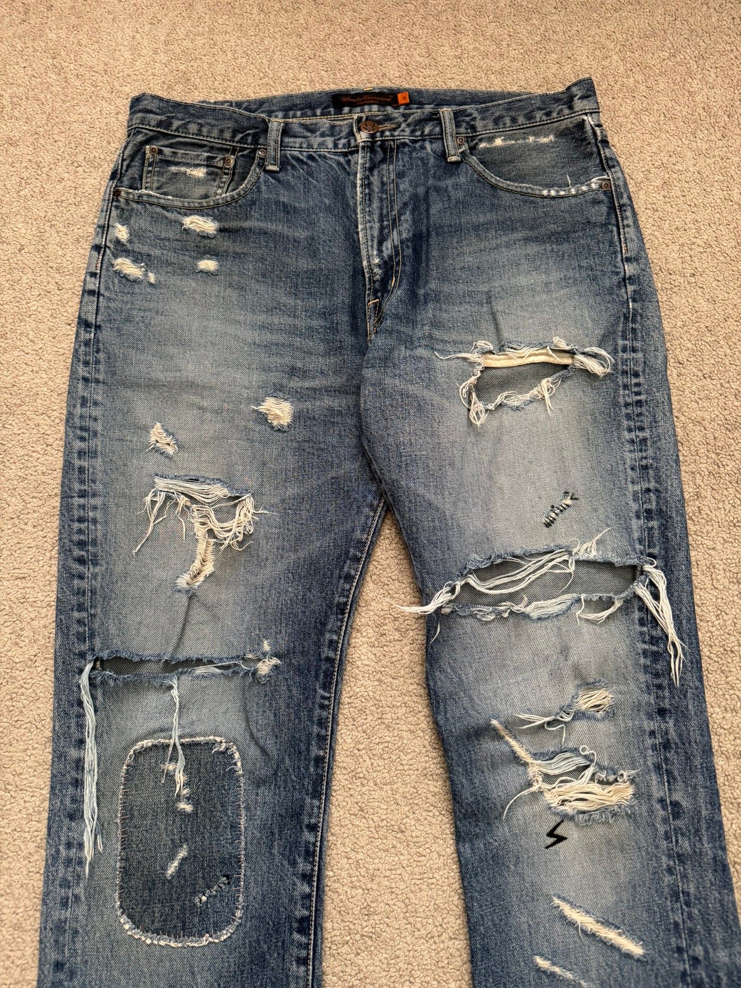 SS05 Undercover "But Beautiful" 60 Distressed Patch Denim Jeans