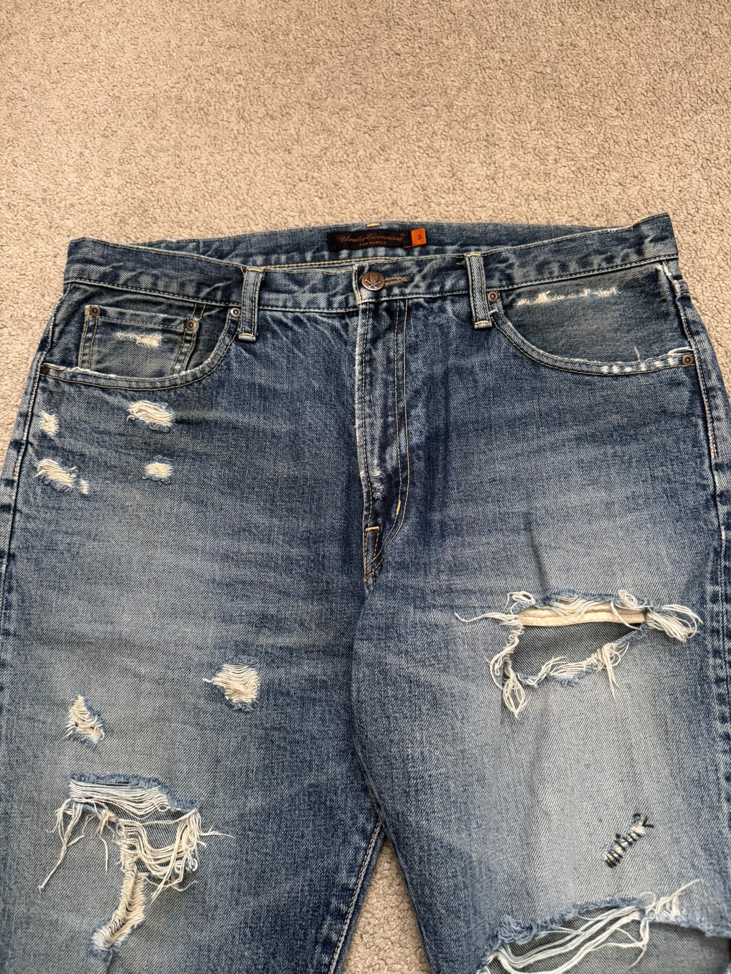 SS05 Undercover "But Beautiful" 60 Distressed Patch Denim Jeans