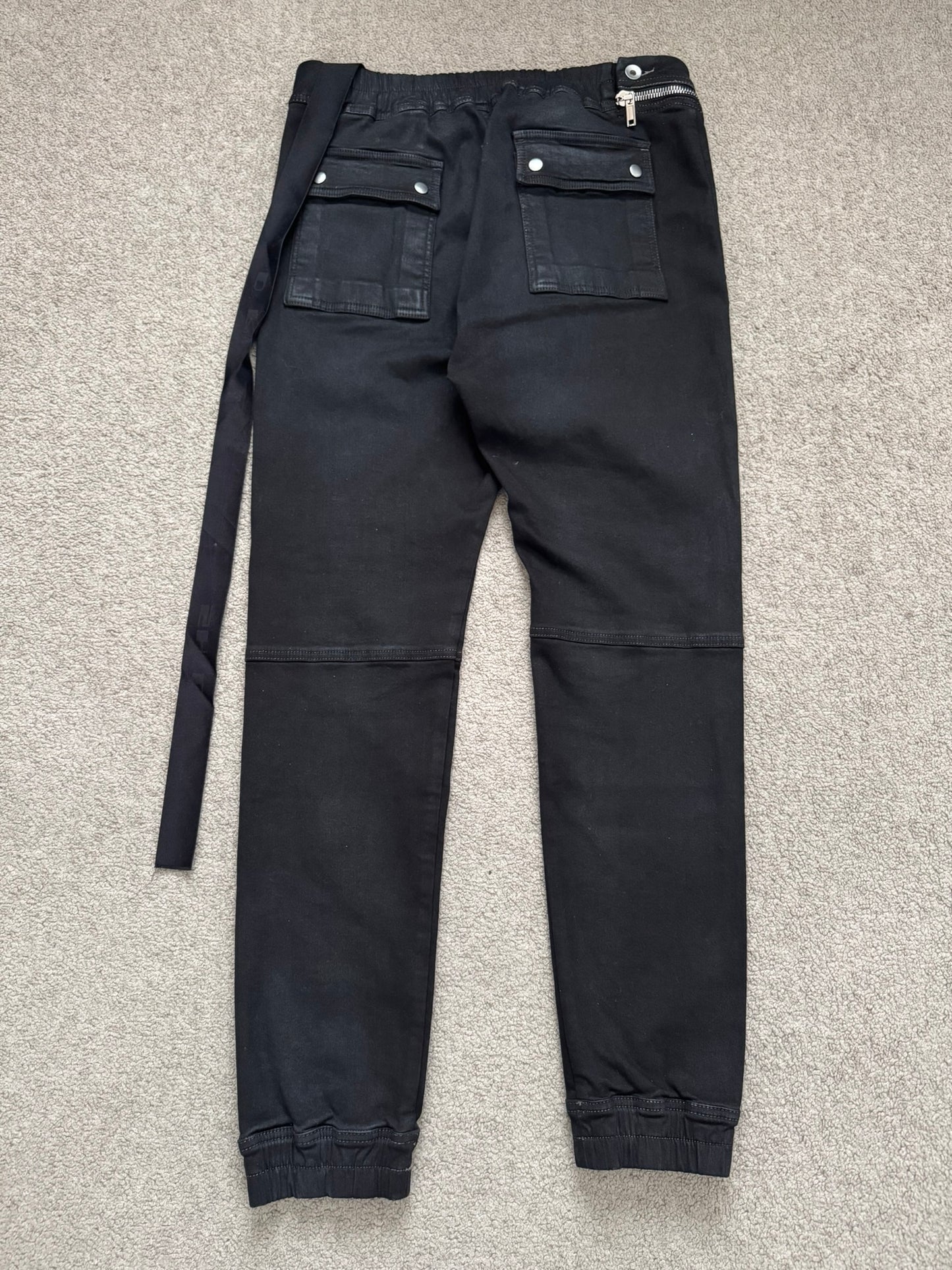 FW23 Rick Owens DRKSHDW Black Waxed Aircut Jogger Denim Jeans