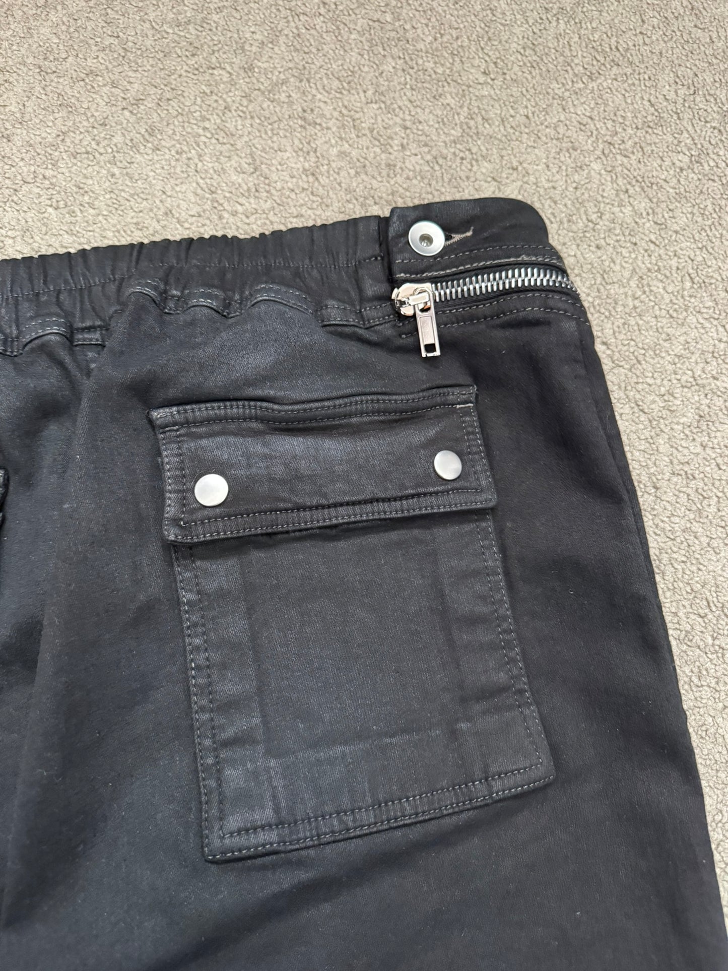 FW23 Rick Owens DRKSHDW Black Waxed Aircut Jogger Denim Jeans