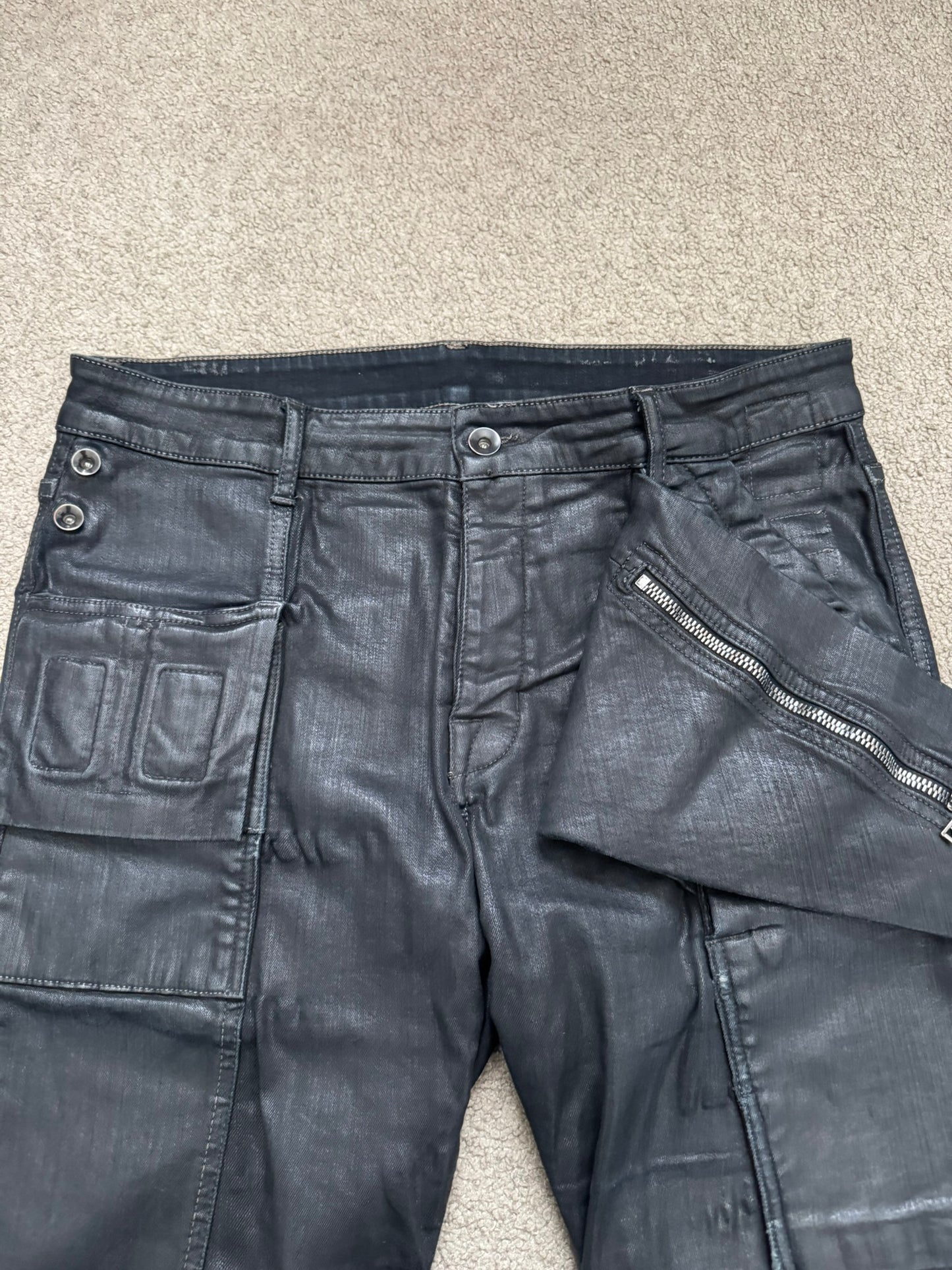 SS16 Rick Owens DRKSHDW Black Waxed Memphis Biker Denim Jeans