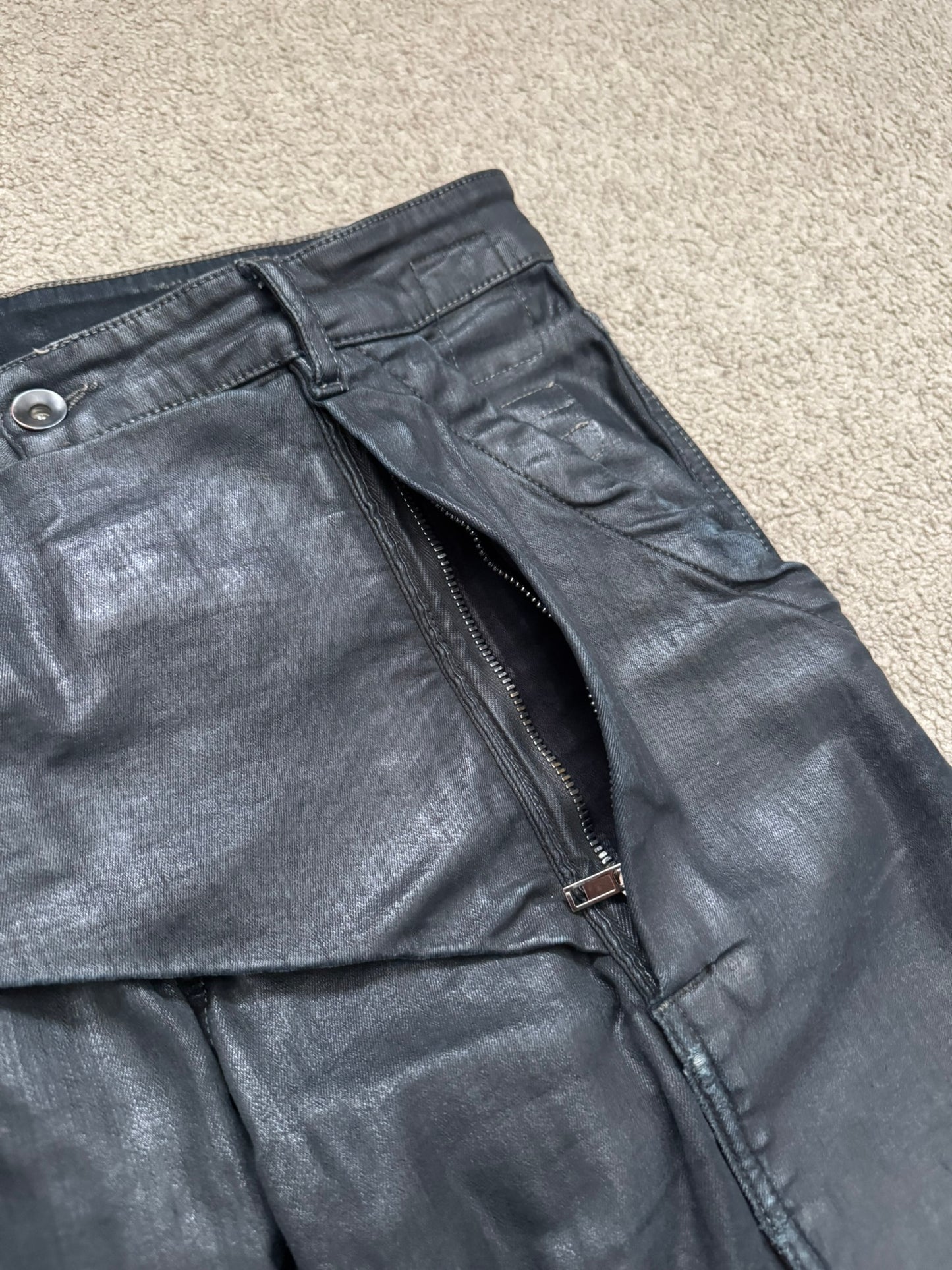 SS16 Rick Owens DRKSHDW Black Waxed Memphis Biker Denim Jeans