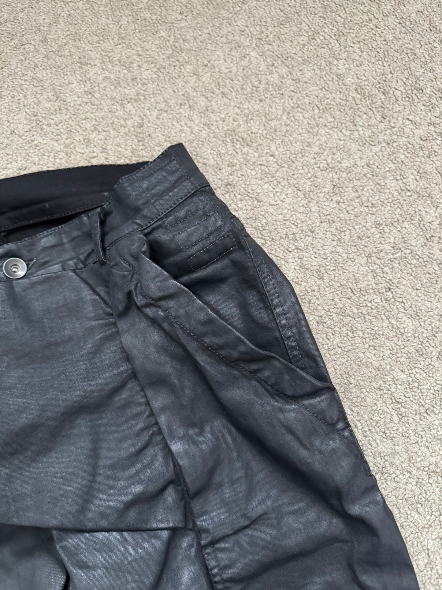 SS16 Rick Owens DRKSHDW Black Waxed Memphis Biker Denim Jeans
