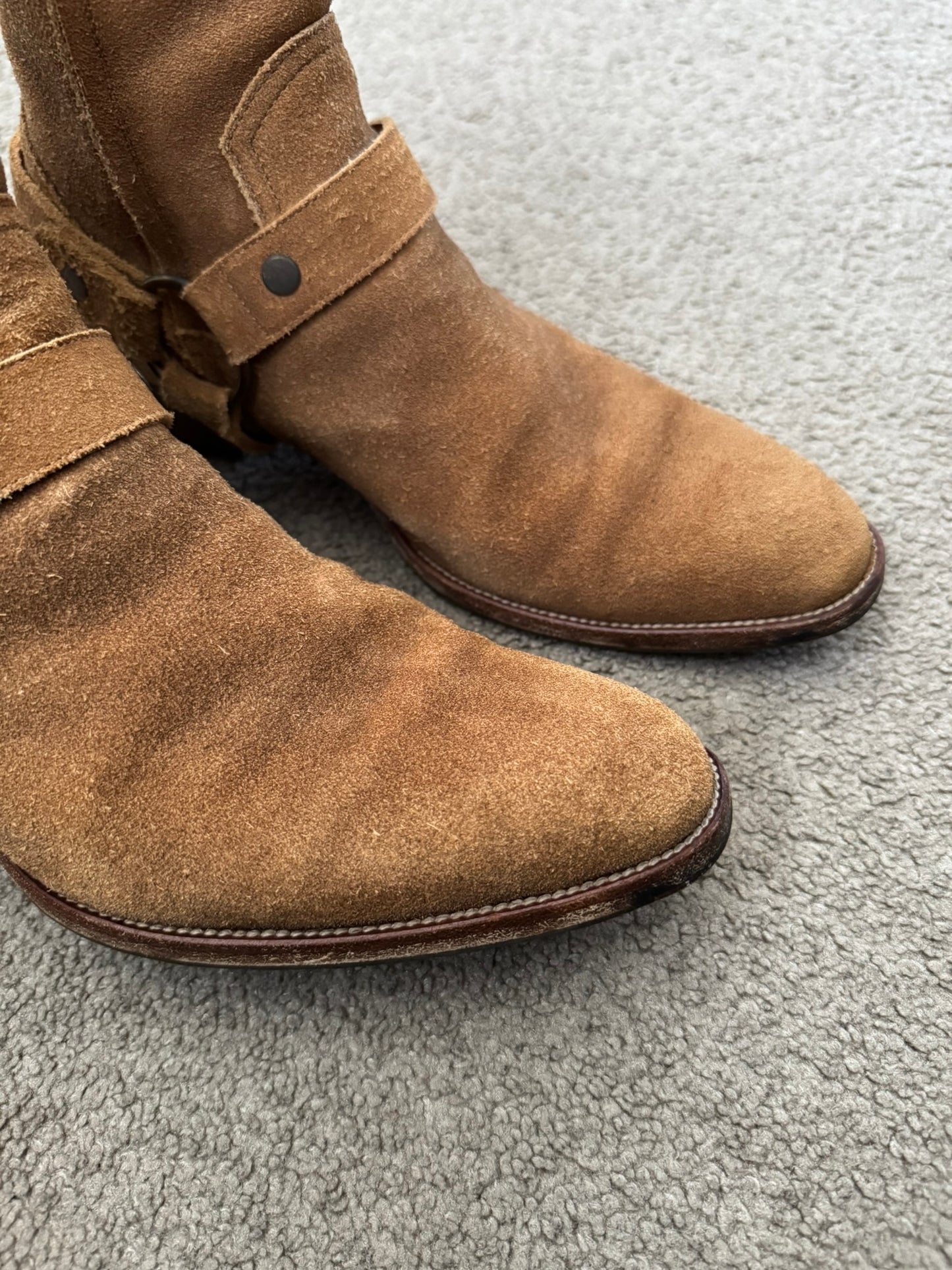 SS16 Saint Laurent by Hedi Slimane Wyatt 40mm Tan Suede Harness Boots