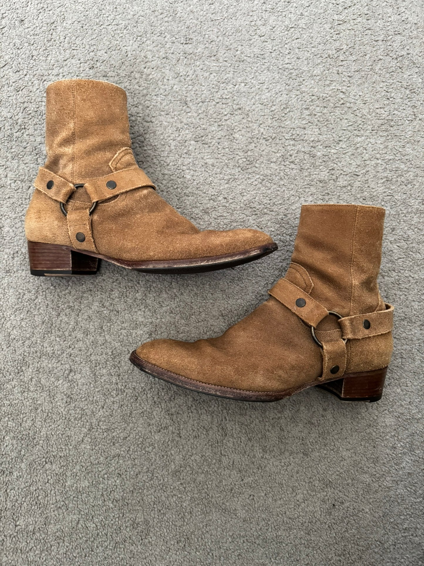 SS16 Saint Laurent by Hedi Slimane Wyatt 40mm Tan Suede Harness Boots