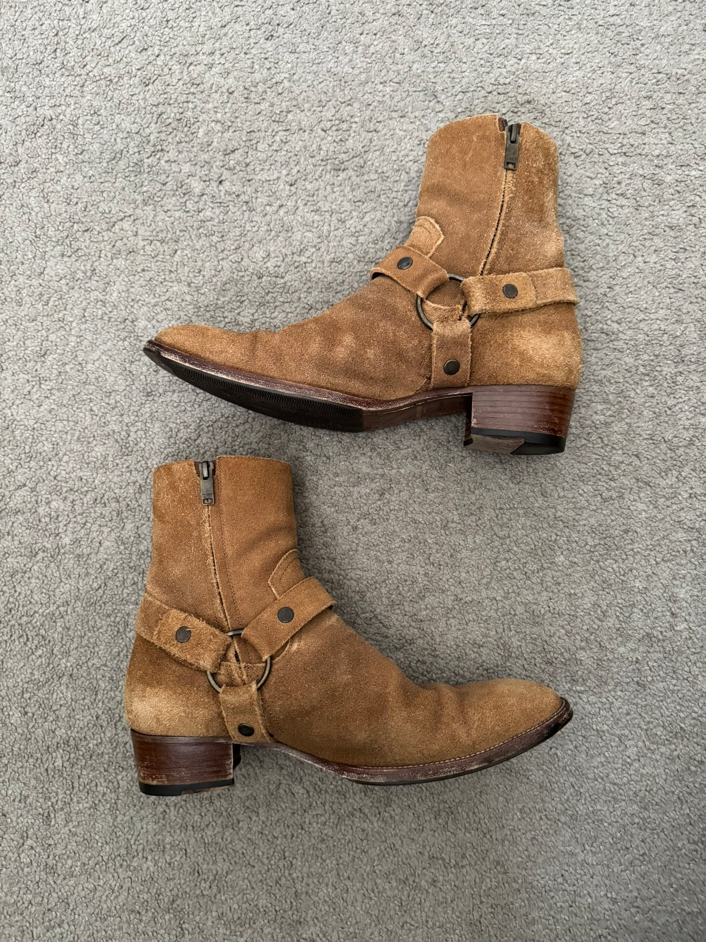 SS16 Saint Laurent by Hedi Slimane Wyatt 40mm Tan Suede Harness Boots