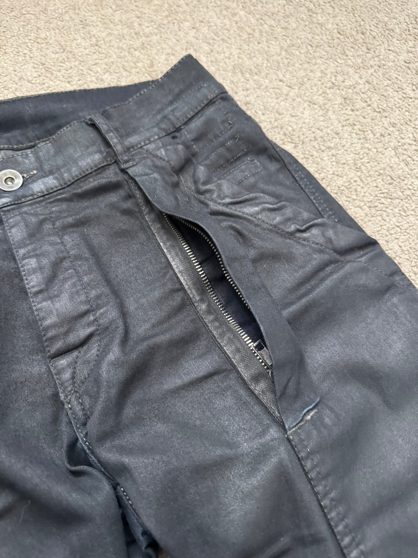SS14 Rick Owens DRKSHDW Black Waxed Memphis Biker Denim Jeans