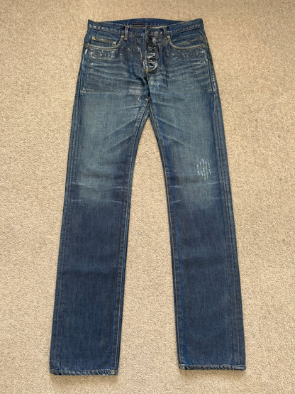 AW06 Dior Homme by Hedi Slimane "Luster" Blue Waxed Clawmark Denim Jeans