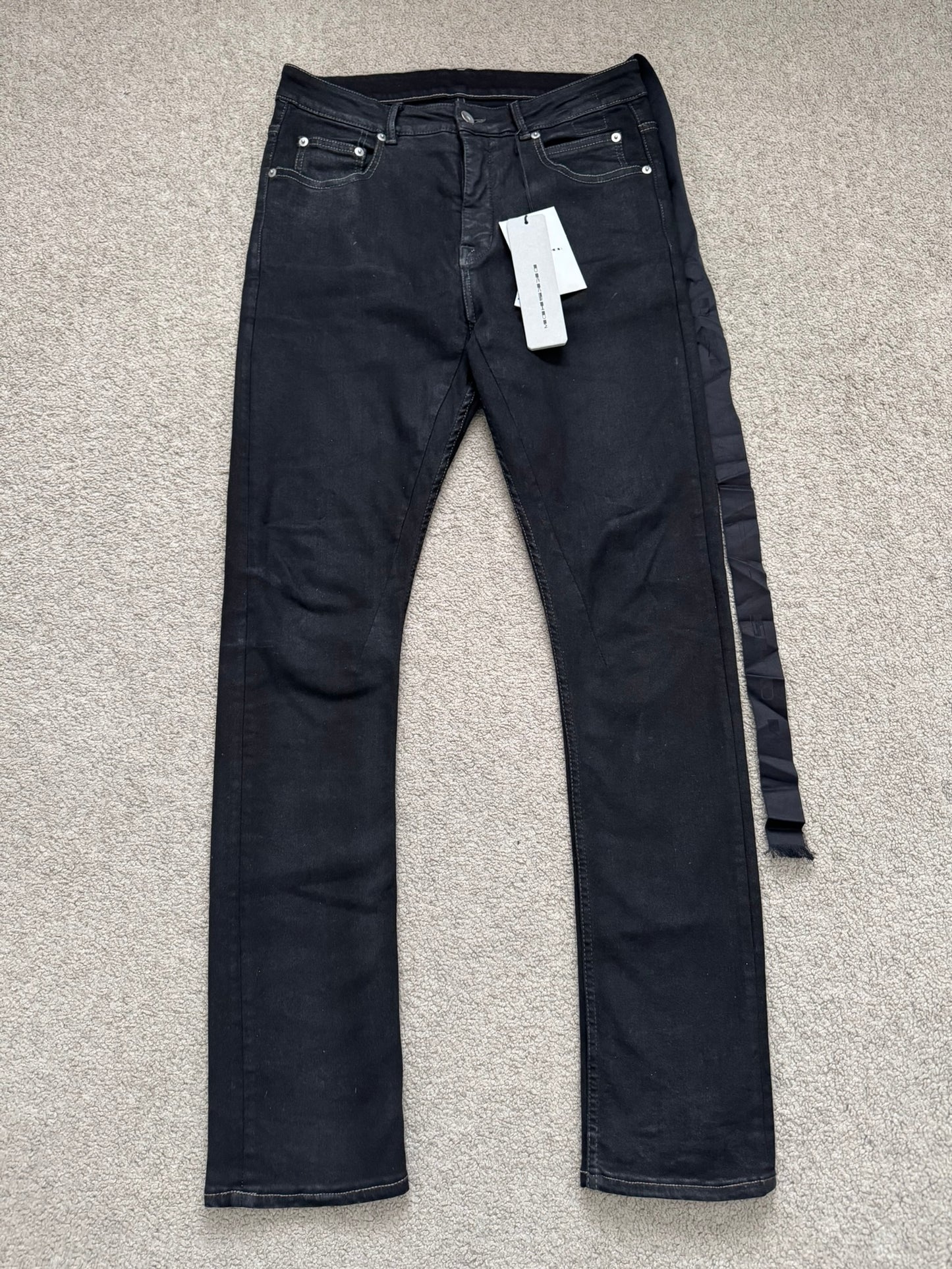 FW22 Rick Owens DRKSHDW Black Waxed Detroit Cut Denim Jeans