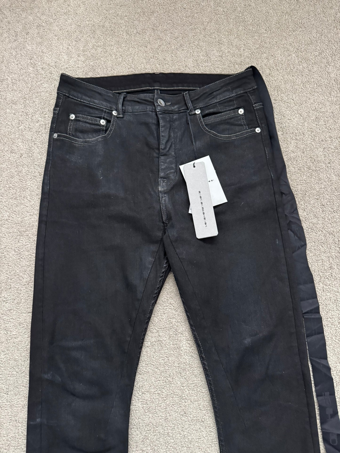 FW22 Rick Owens DRKSHDW Black Waxed Detroit Cut Denim Jeans