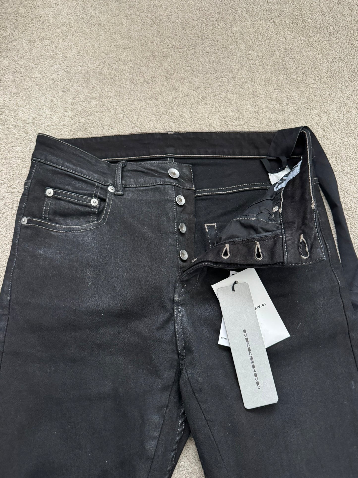 FW22 Rick Owens DRKSHDW Black Waxed Detroit Cut Denim Jeans