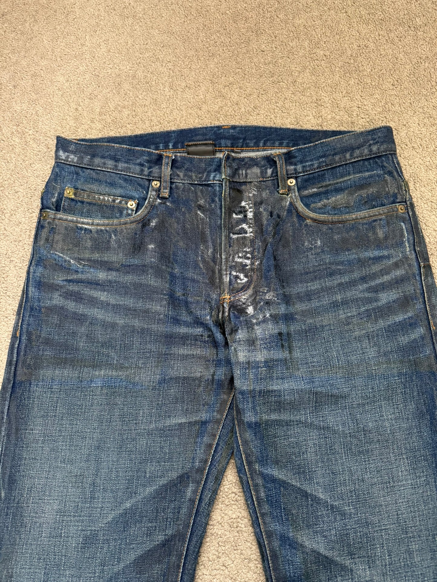 AW06 Dior Homme by Hedi Slimane "Luster" Blue Waxed Clawmark Denim Jeans