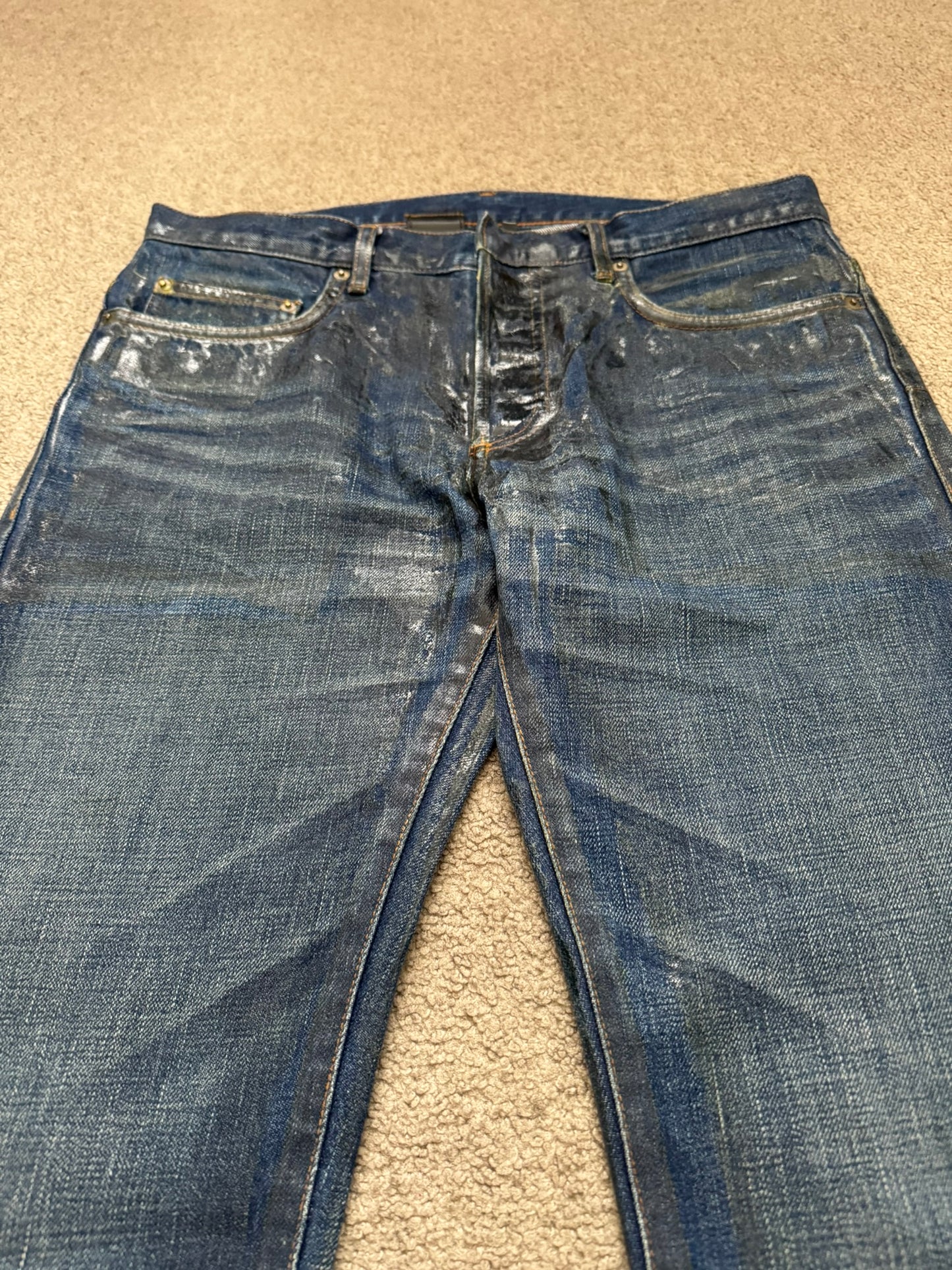 AW06 Dior Homme by Hedi Slimane "Luster" Blue Waxed Clawmark Denim Jeans