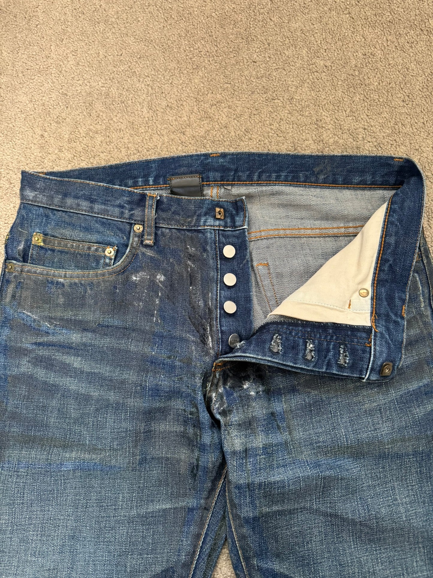 AW06 Dior Homme by Hedi Slimane "Luster" Blue Waxed Clawmark Denim Jeans