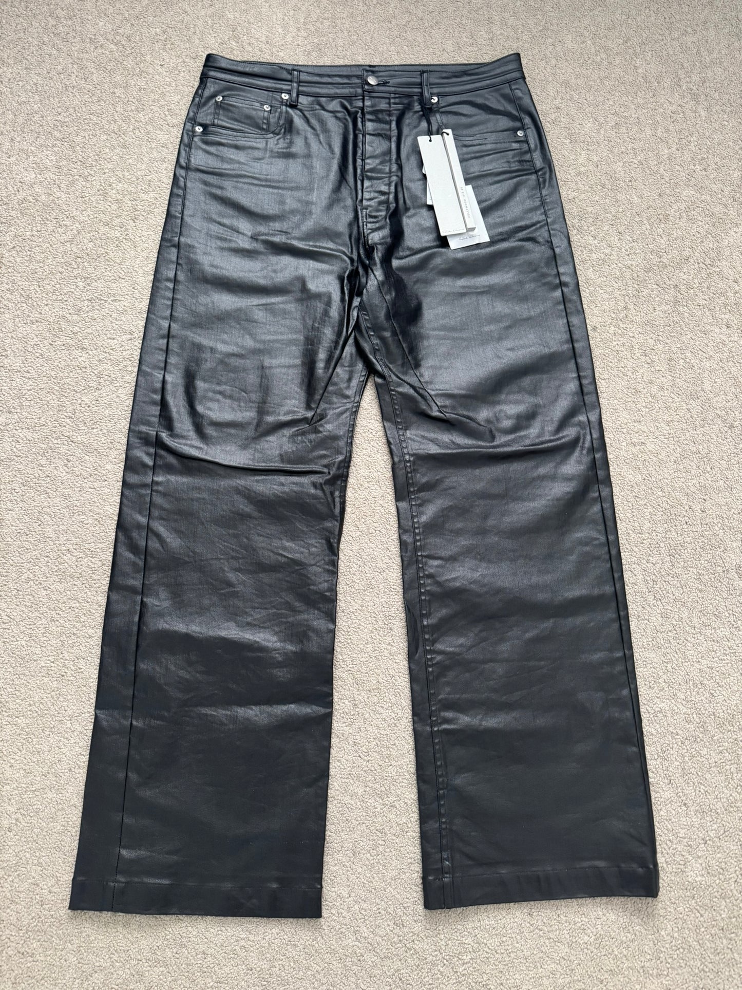 SS25 Rick Owens Mainline Black Waxed Geth Cut Denim Jeans