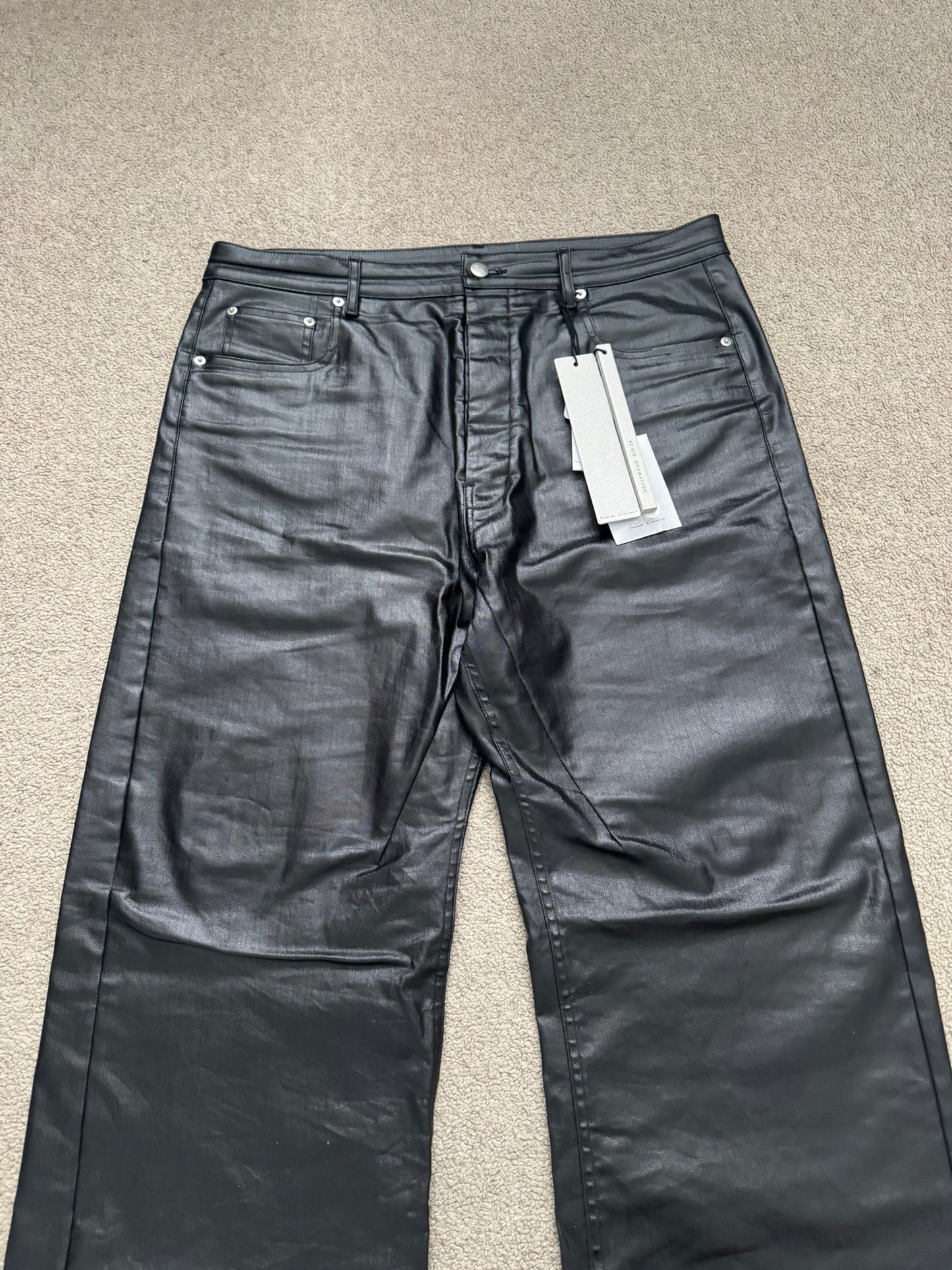 SS25 Rick Owens Mainline Black Waxed Geth Cut Denim Jeans