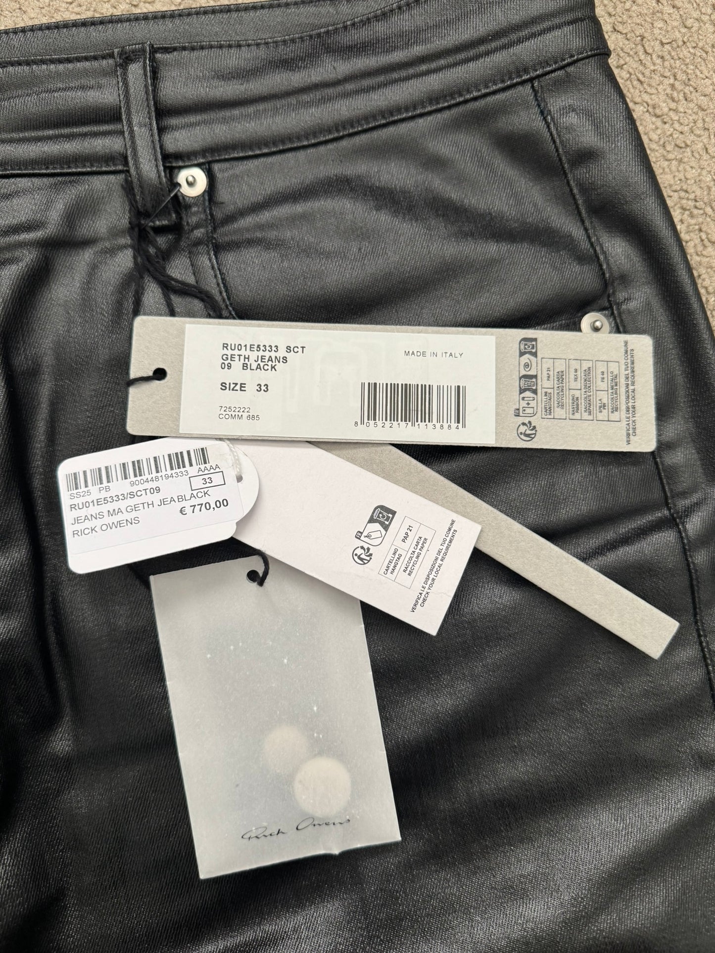 SS25 Rick Owens Mainline Black Waxed Geth Cut Denim Jeans