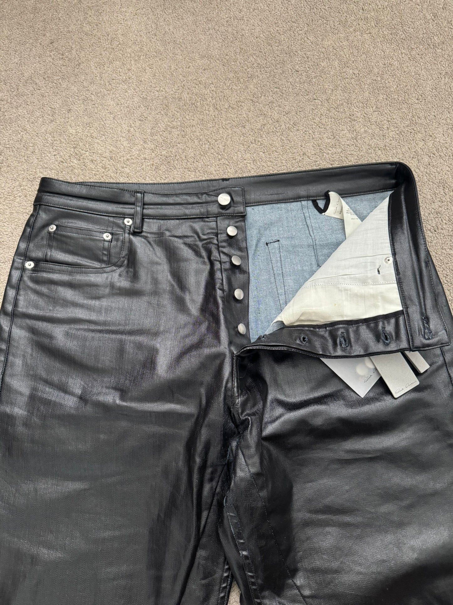 SS25 Rick Owens Mainline Black Waxed Geth Cut Denim Jeans