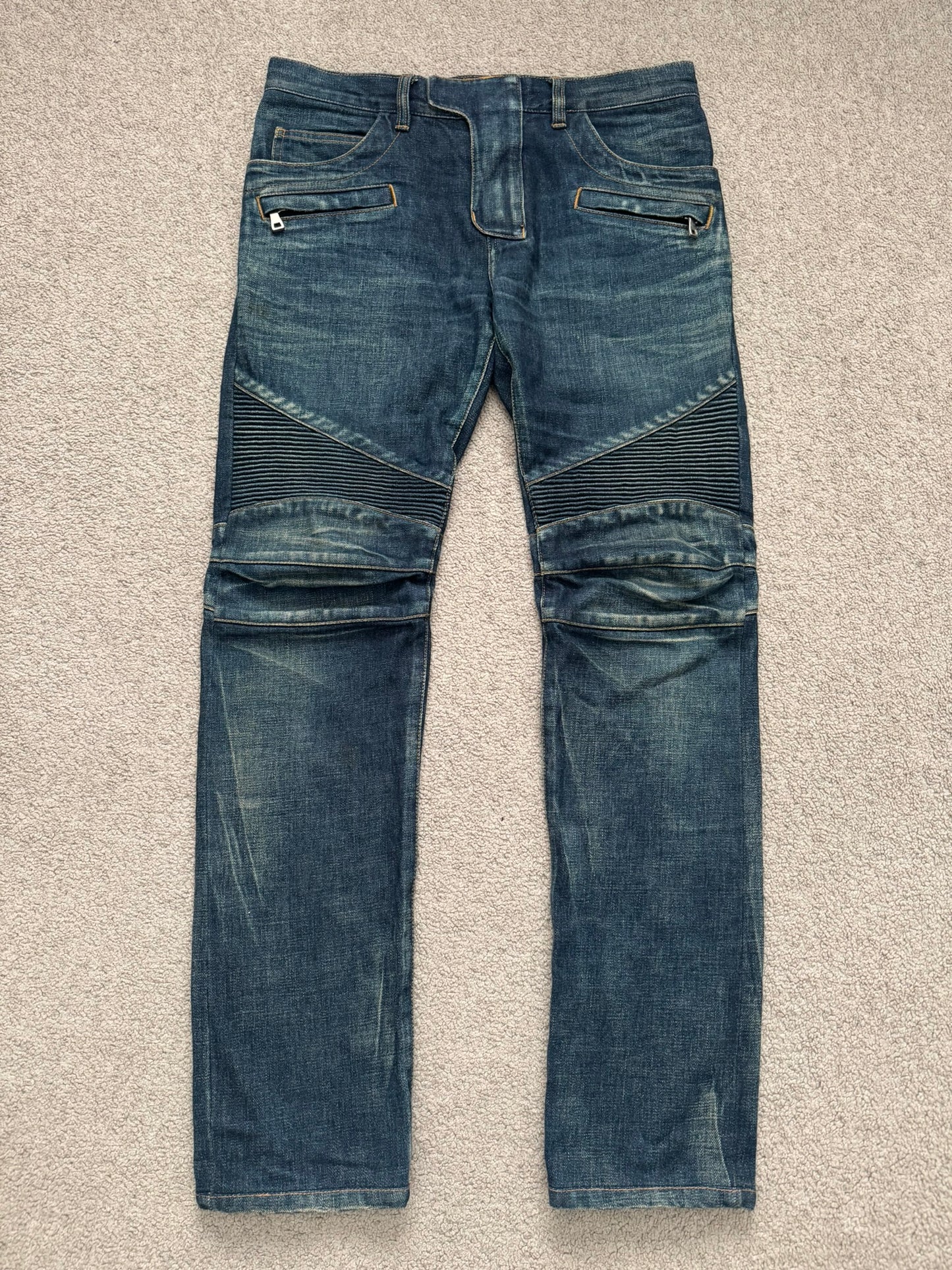 FW12 Balmain by Olivier Rousteing Indigo Zip Biker Denim Jeans