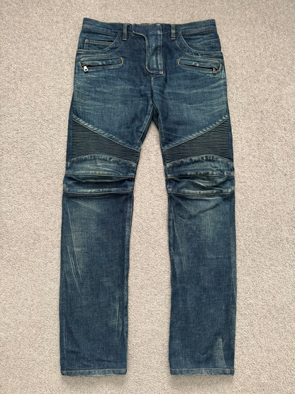 FW12 Balmain by Olivier Rousteing Indigo Zip Biker Denim Jeans