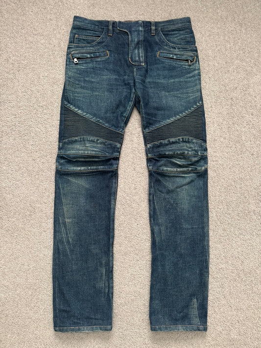 FW12 Balmain by Olivier Rousteing Indigo Zip Biker Denim Jeans