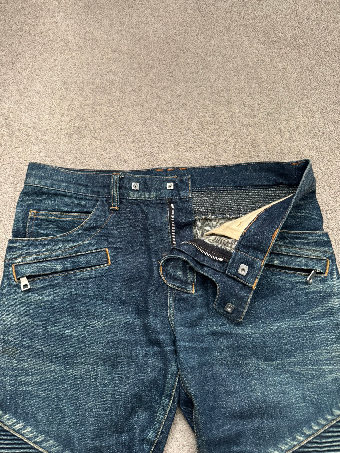 FW12 Balmain by Olivier Rousteing Indigo Zip Biker Denim Jeans