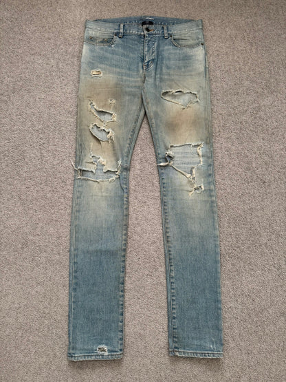 SS16 Saint Laurent by Hedi Slimane Mud Wash Crash Distressed Denim Jeans