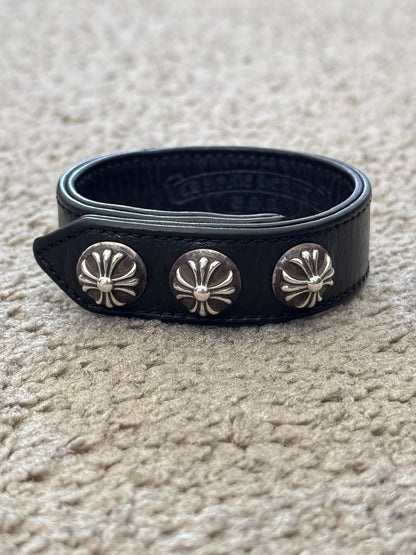 Chrome Hearts 3 Silver Cross Snap Button Black Leather Bracelet