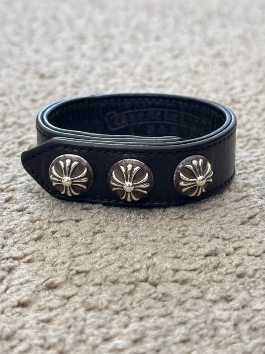 Chrome Hearts 3 Silver Cross Snap Button Black Leather Bracelet