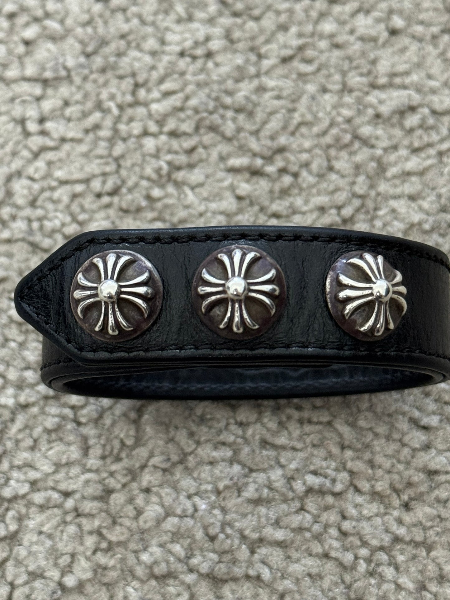 Chrome Hearts 3 Silver Cross Snap Button Black Leather Bracelet