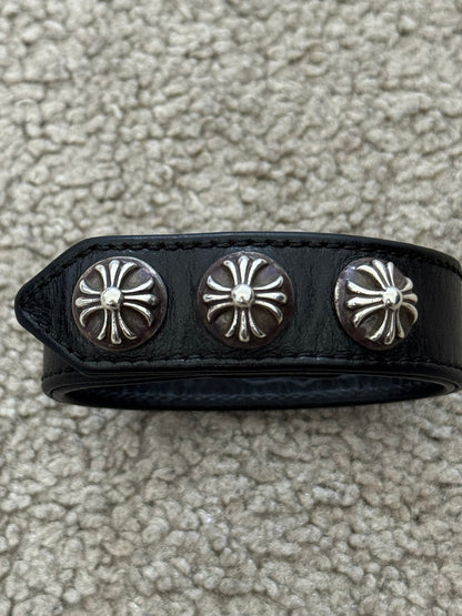 Chrome Hearts 3 Silver Cross Snap Button Black Leather Bracelet
