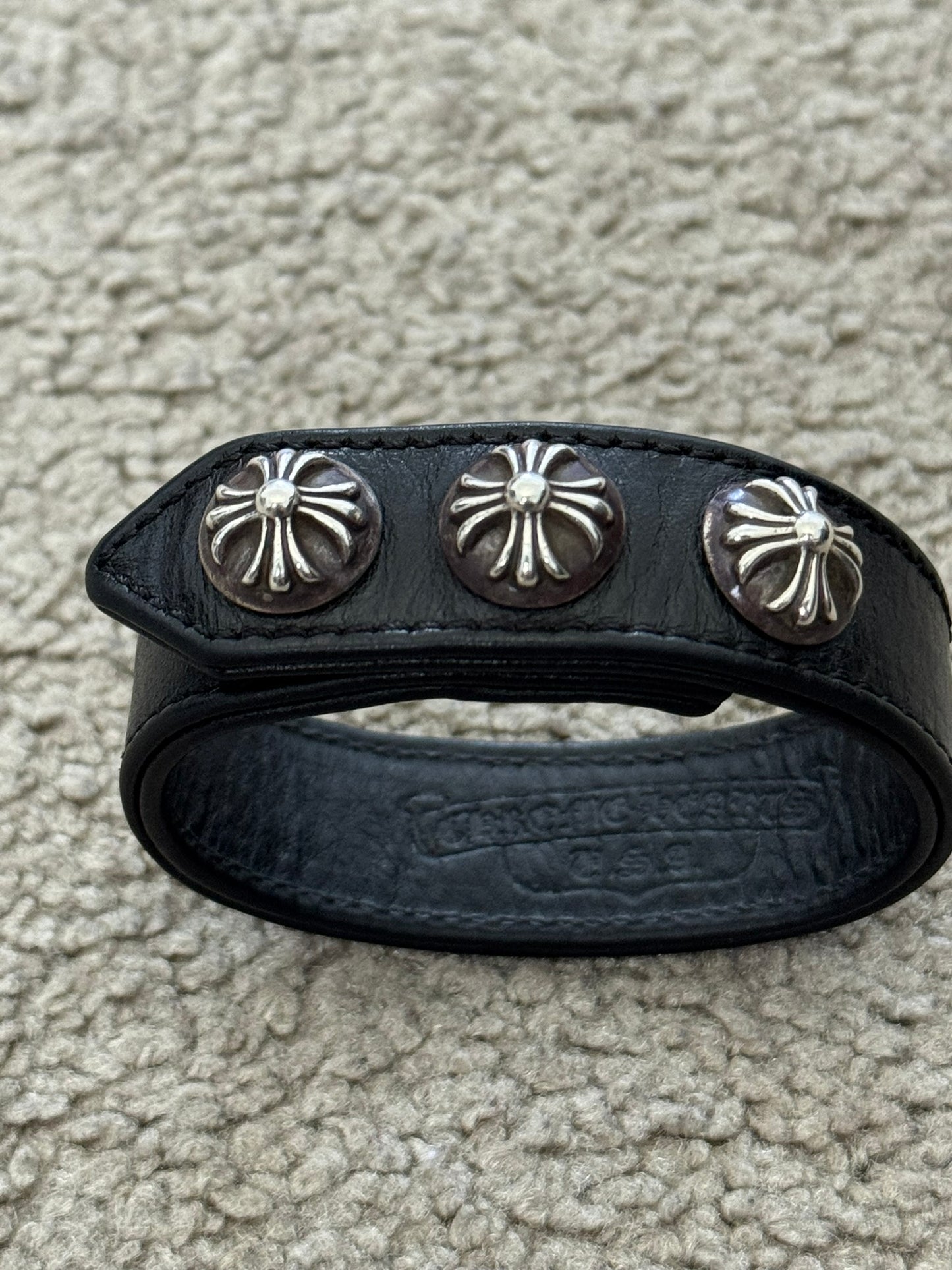 Chrome Hearts 3 Silver Cross Snap Button Black Leather Bracelet