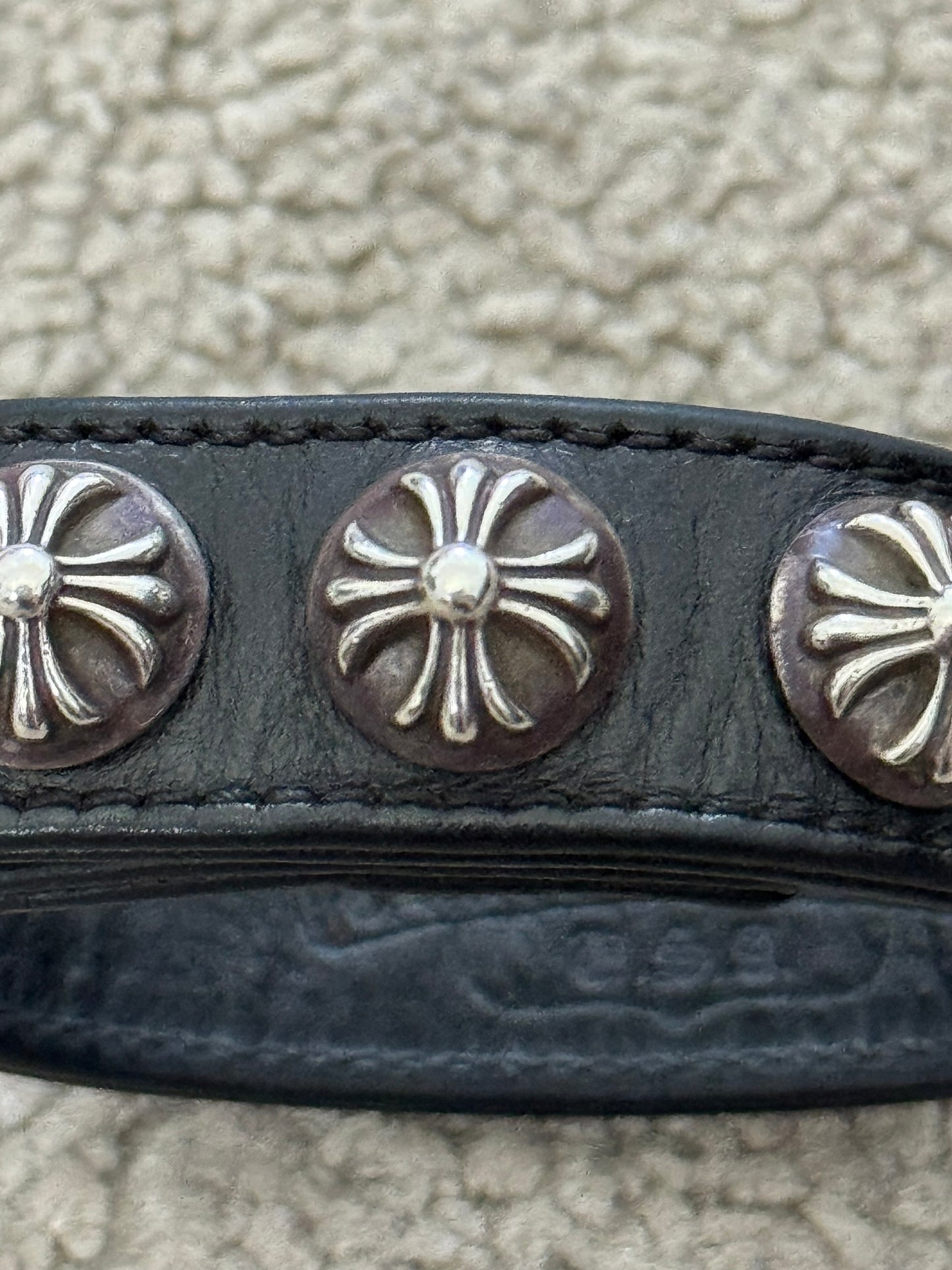 Chrome Hearts 3 Silver Cross Snap Button Black Leather Bracelet