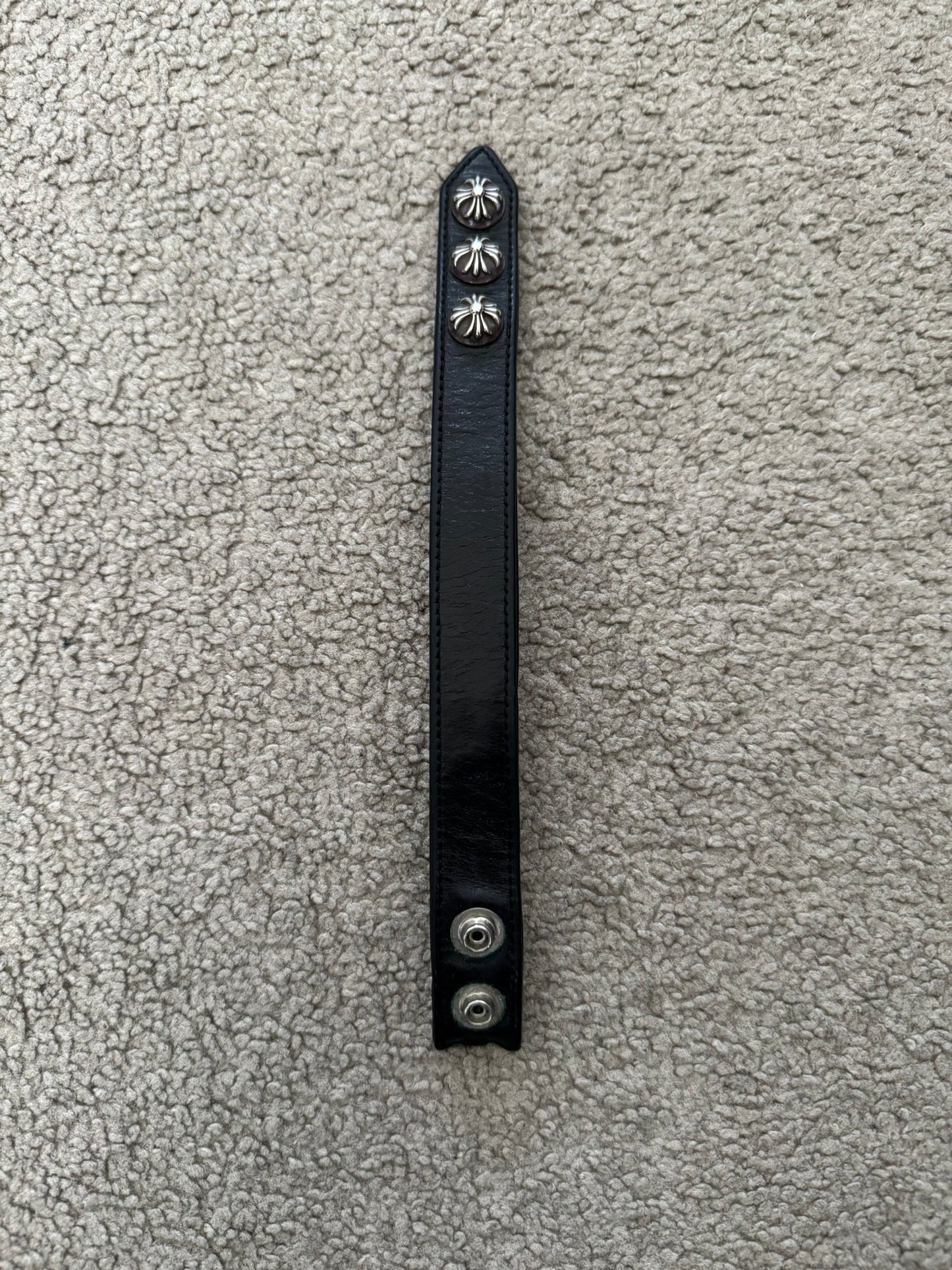 Chrome Hearts 3 Silver Cross Snap Button Black Leather Bracelet