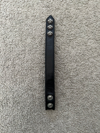 Chrome Hearts 3 Silver Cross Snap Button Black Leather Bracelet