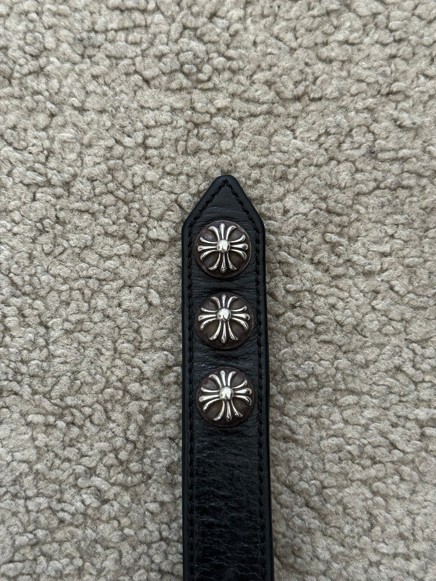 Chrome Hearts 3 Silver Cross Snap Button Black Leather Bracelet