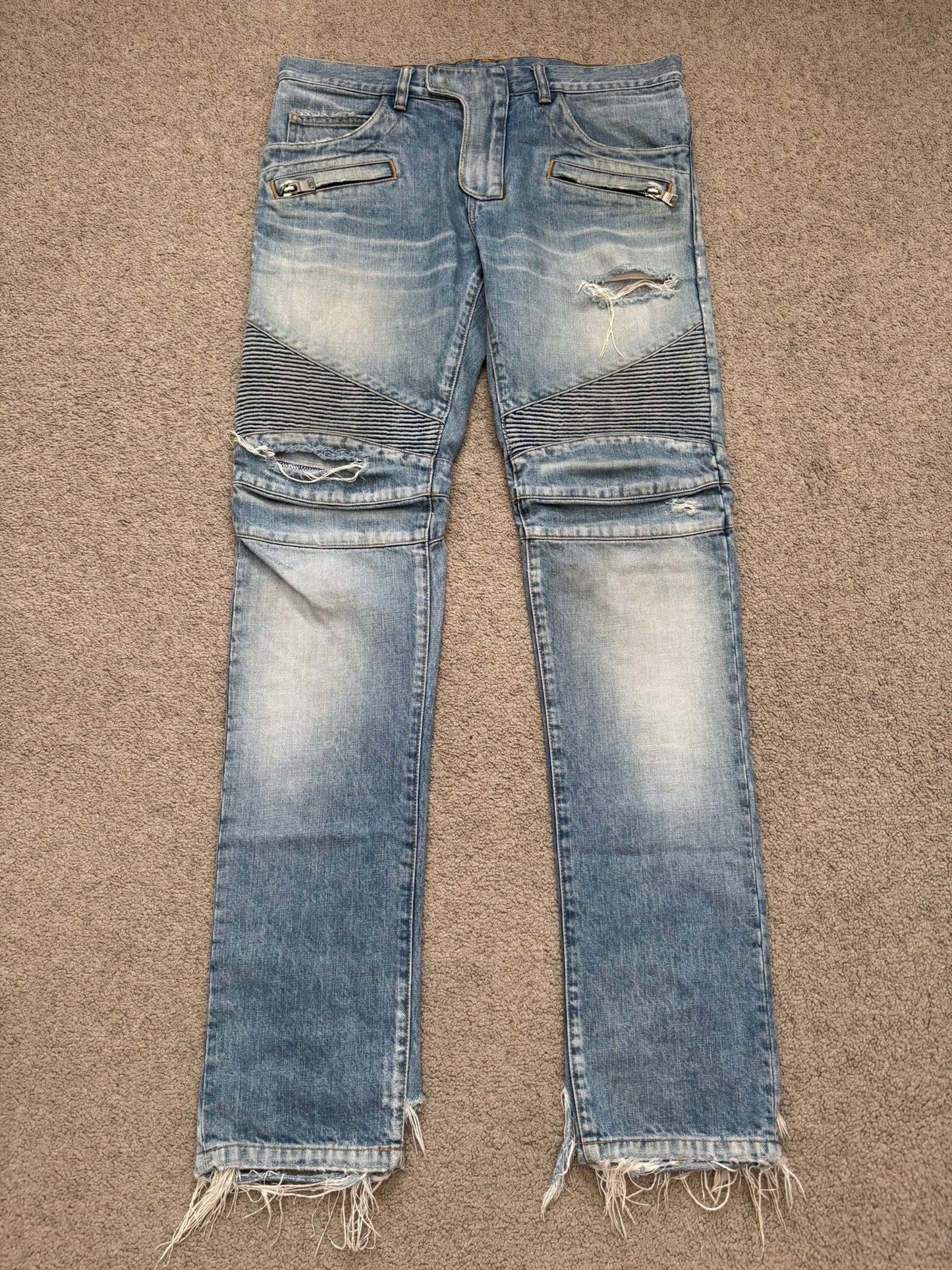 Balmain by Olivier Rousteing Distressed Zip Biker Denim Jeans