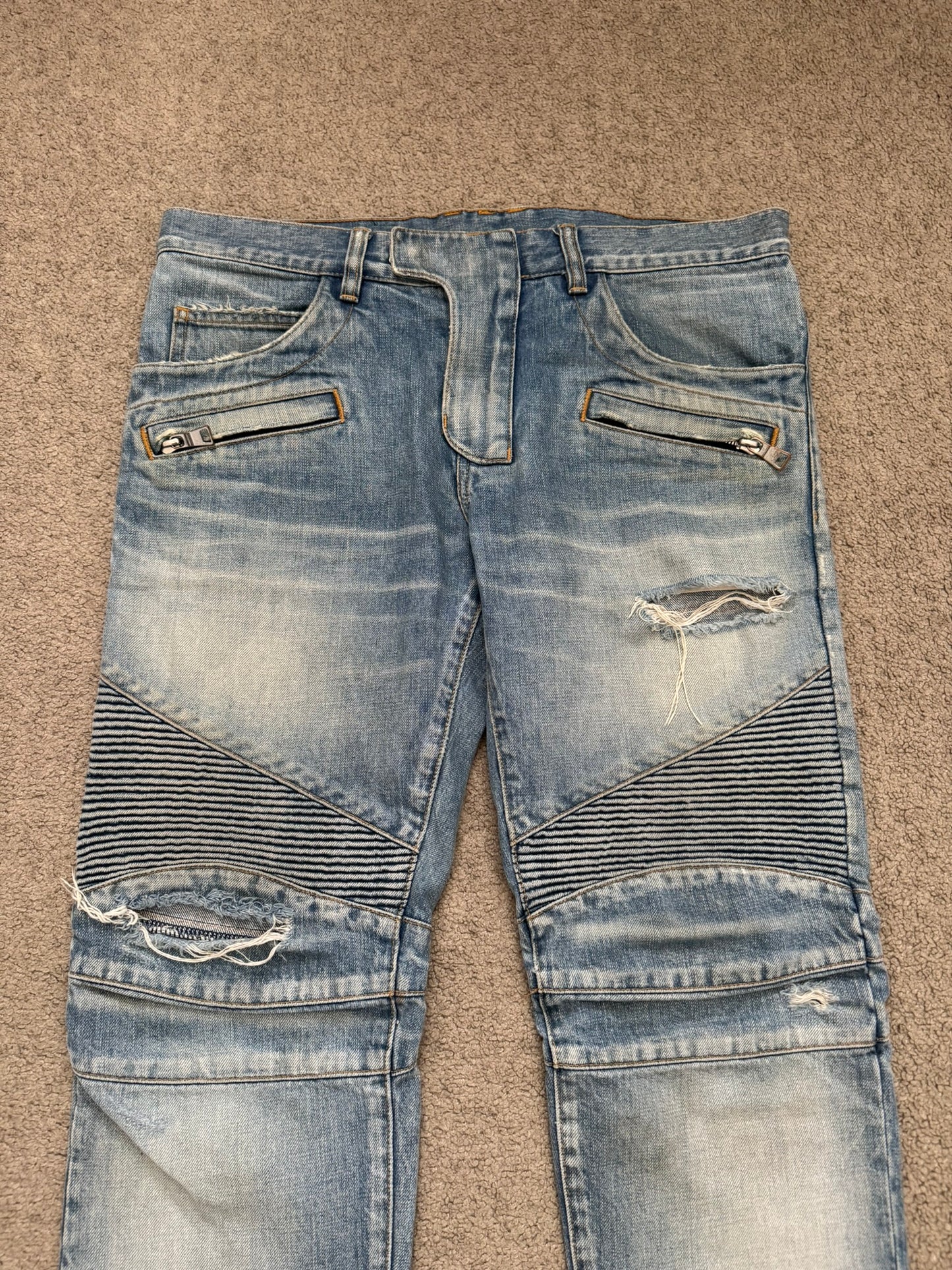 Balmain by Olivier Rousteing Distressed Zip Biker Denim Jeans