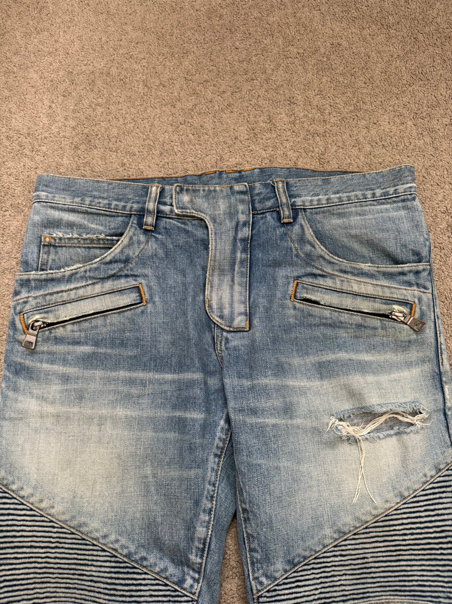 Balmain by Olivier Rousteing Distressed Zip Biker Denim Jeans