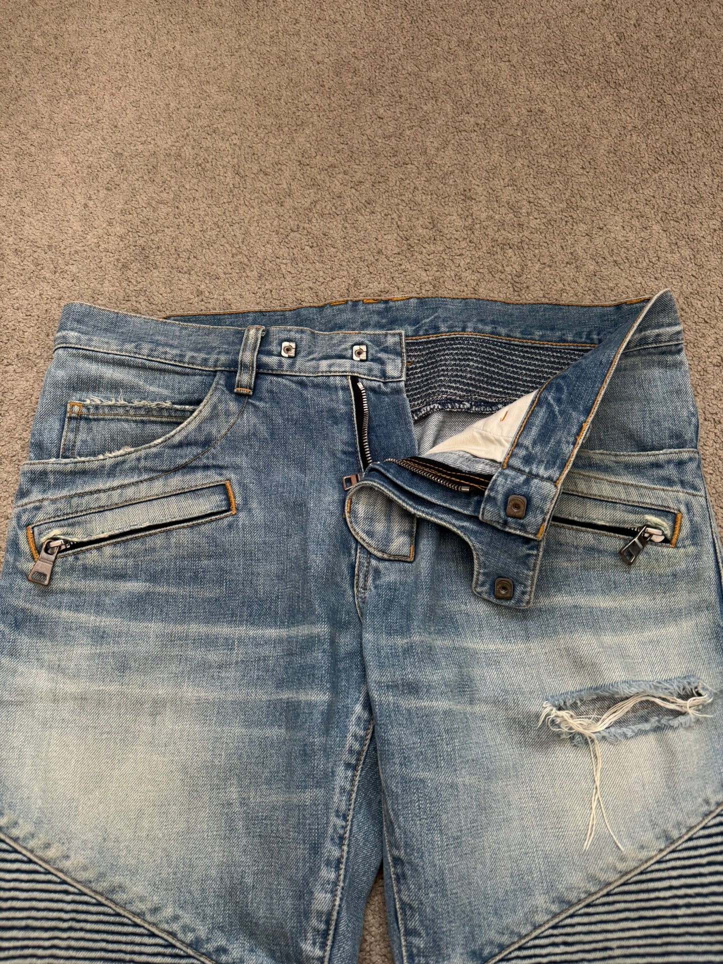 Balmain by Olivier Rousteing Distressed Zip Biker Denim Jeans