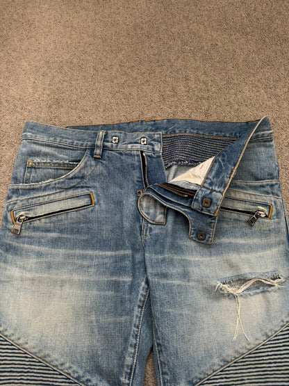 Balmain by Olivier Rousteing Distressed Zip Biker Denim Jeans