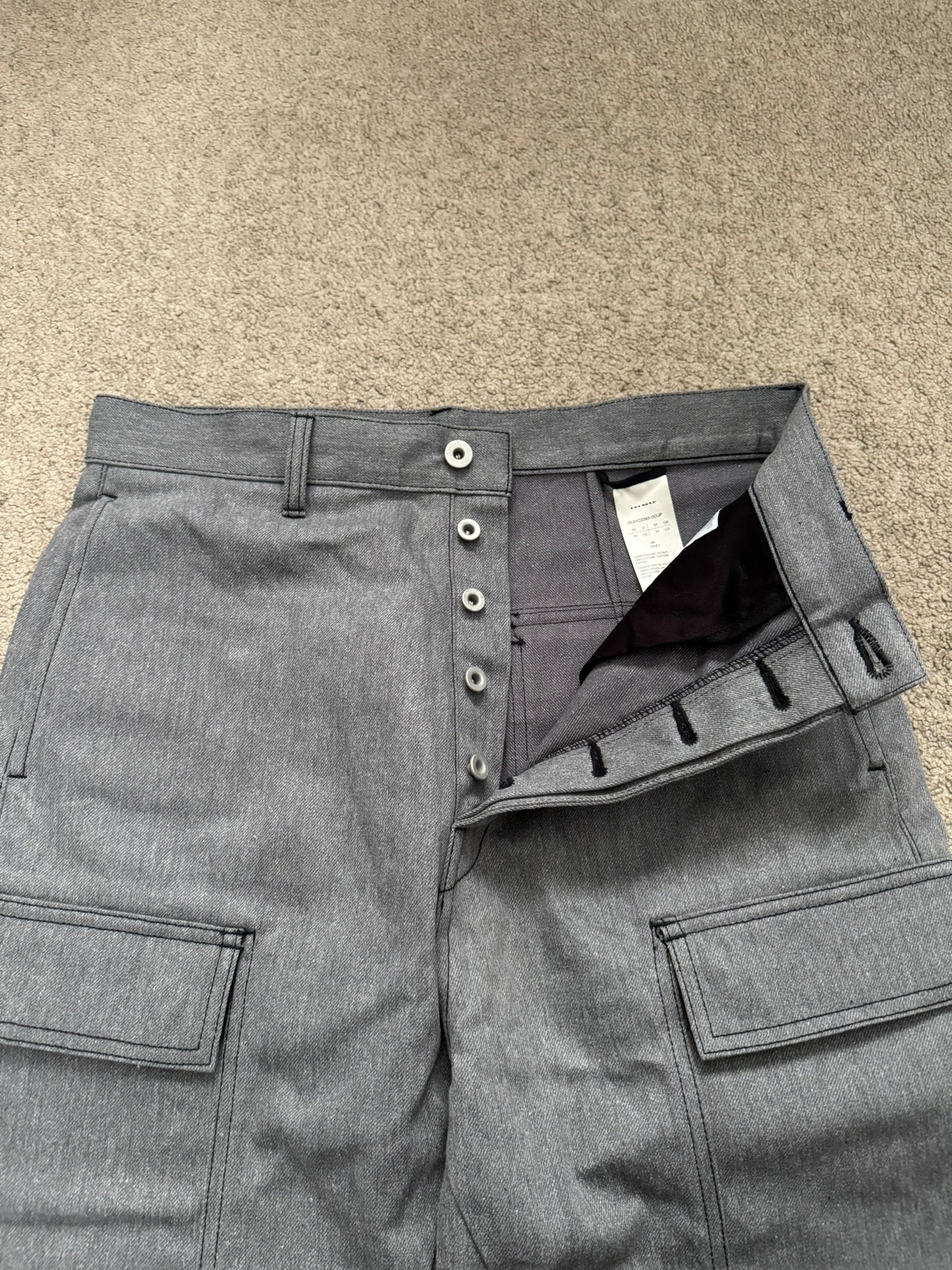 SS23 Rick Owens DRKSHDW MIJ Grey Selvedge Geth Cut Cargo Denim Jeans