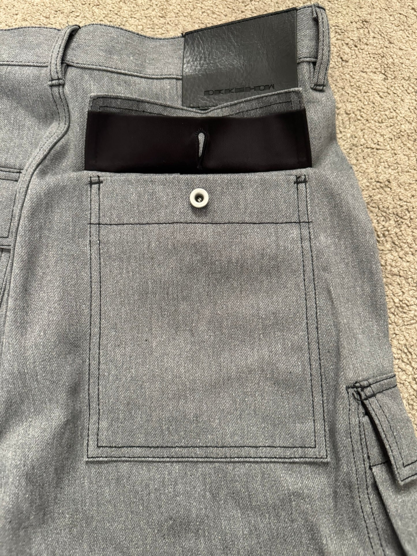 SS23 Rick Owens DRKSHDW MIJ Grey Selvedge Geth Cut Cargo Denim Jeans