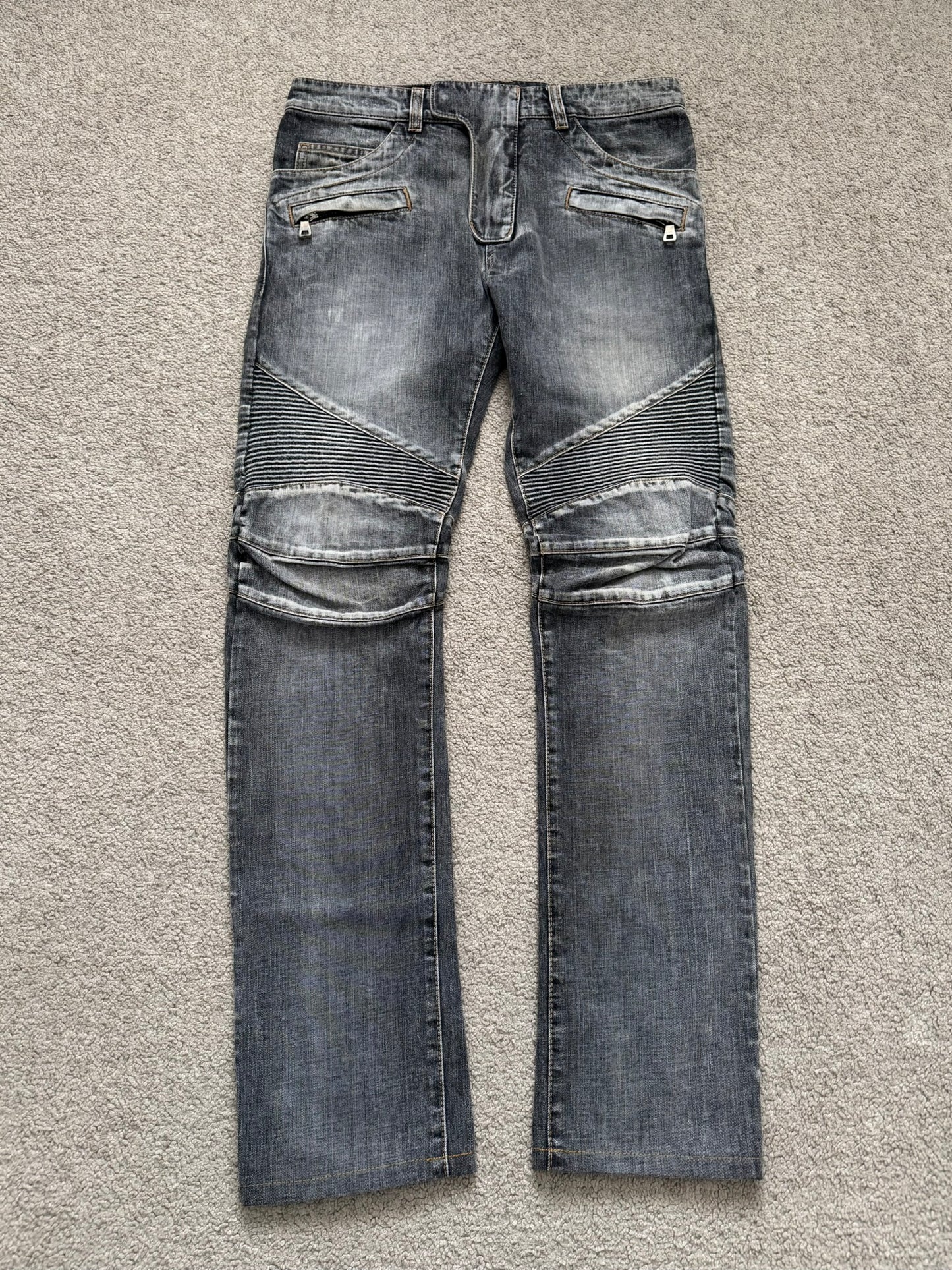 Balmain by Christophe Decarnin Grey Faded Zip Biker Denim Jeans