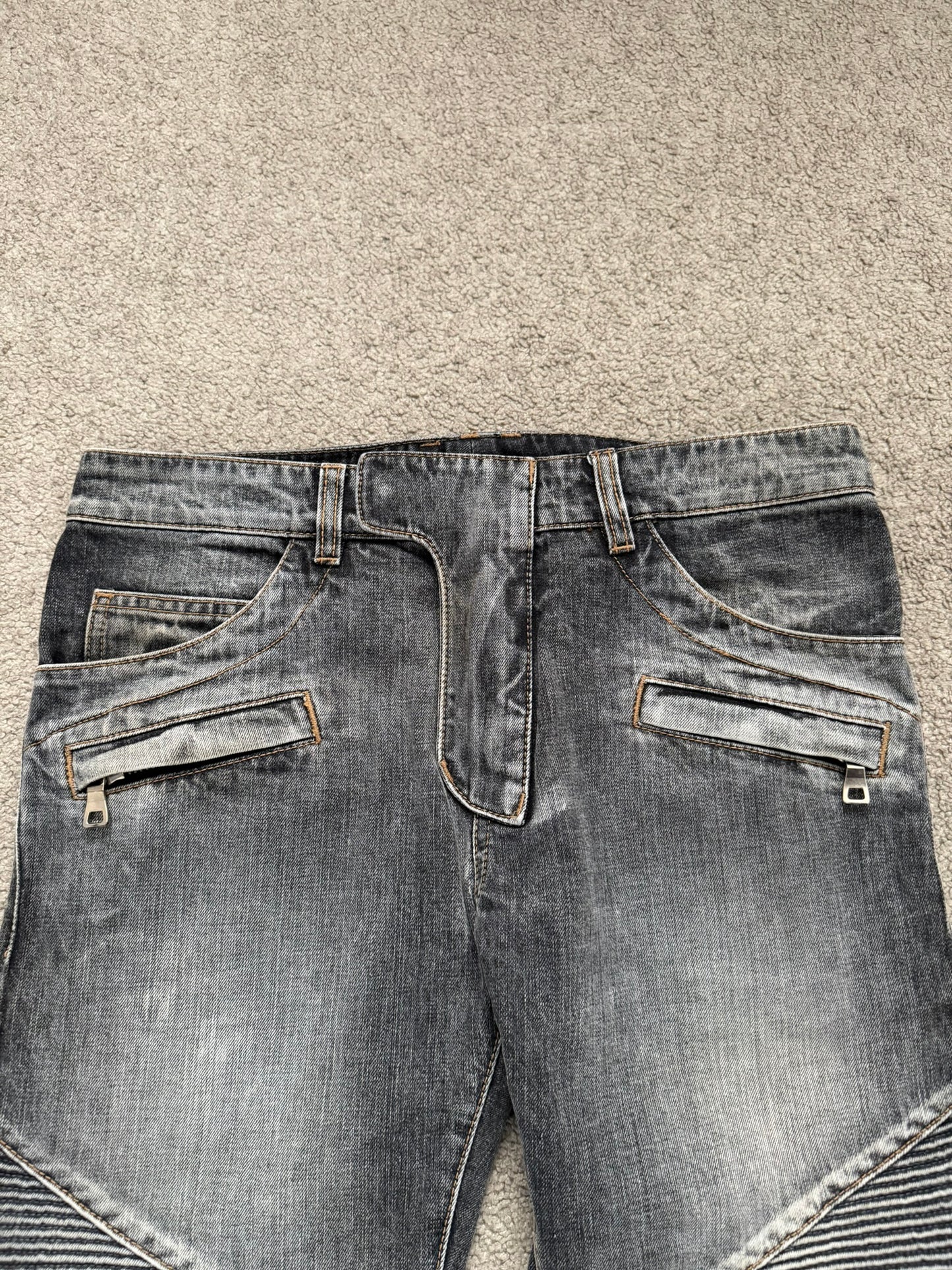 Balmain by Christophe Decarnin Grey Faded Zip Biker Denim Jeans