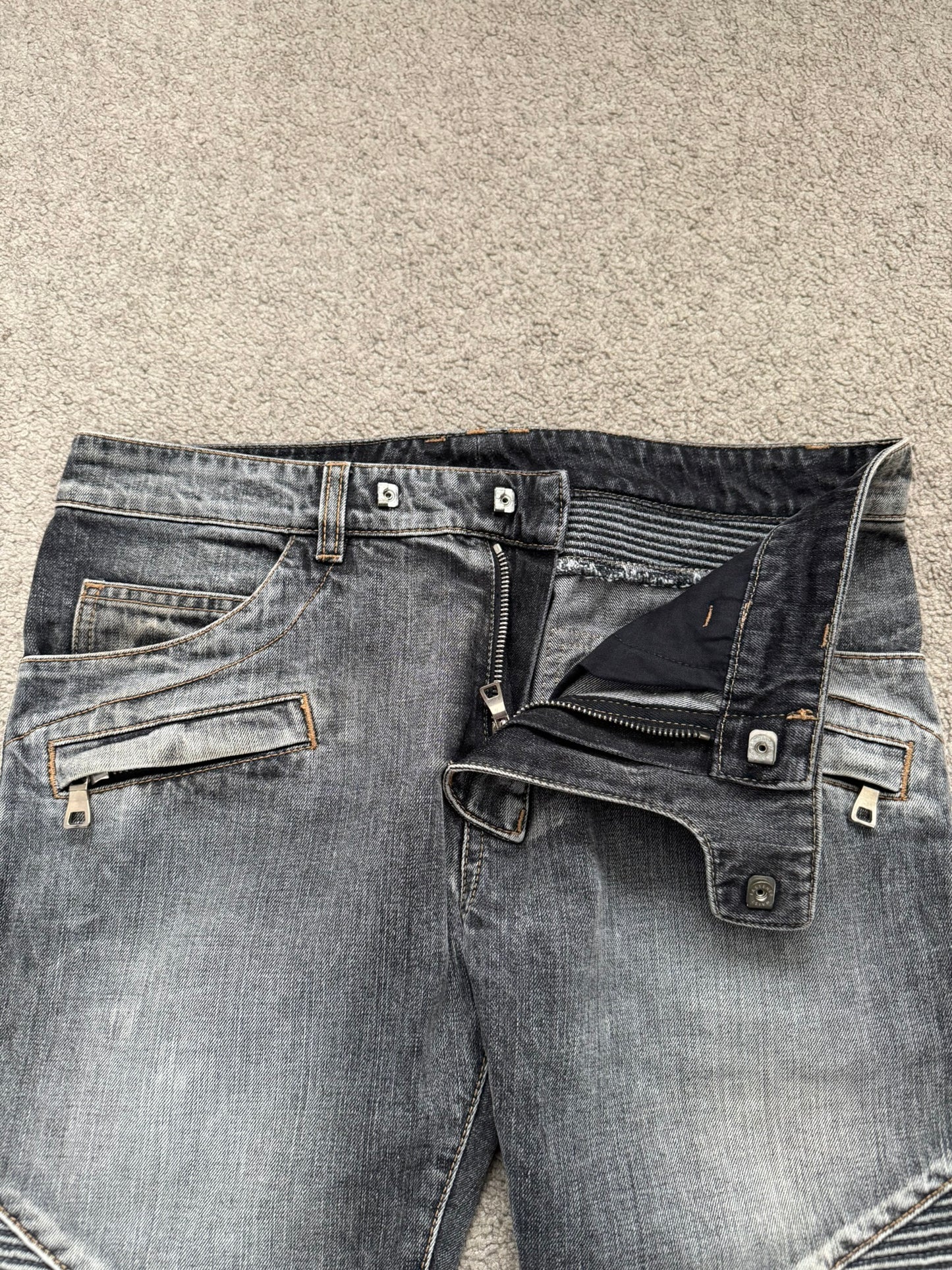 Balmain by Christophe Decarnin Grey Faded Zip Biker Denim Jeans
