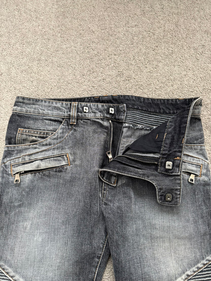 Balmain by Christophe Decarnin Grey Faded Zip Biker Denim Jeans