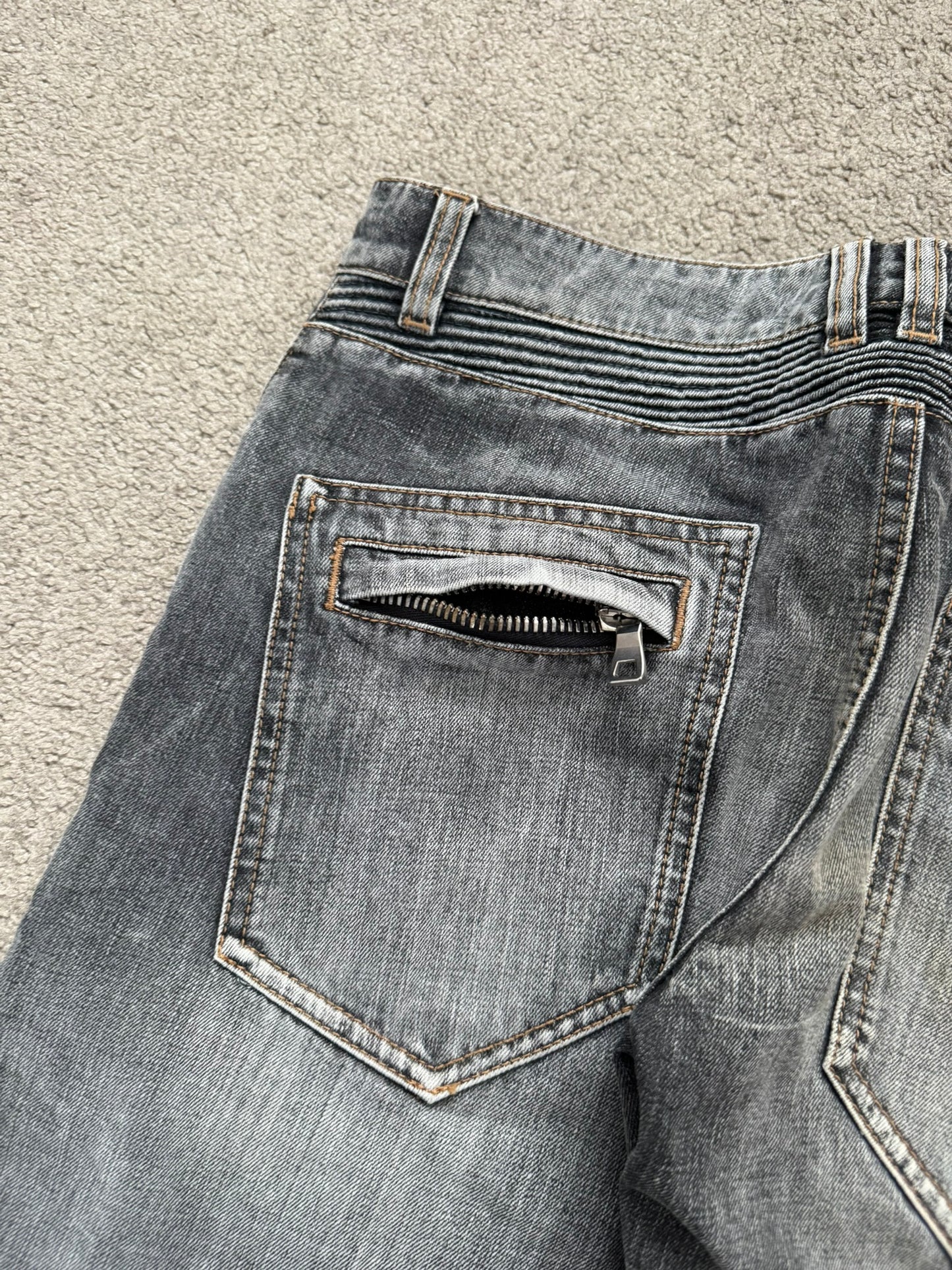 Balmain by Christophe Decarnin Grey Faded Zip Biker Denim Jeans